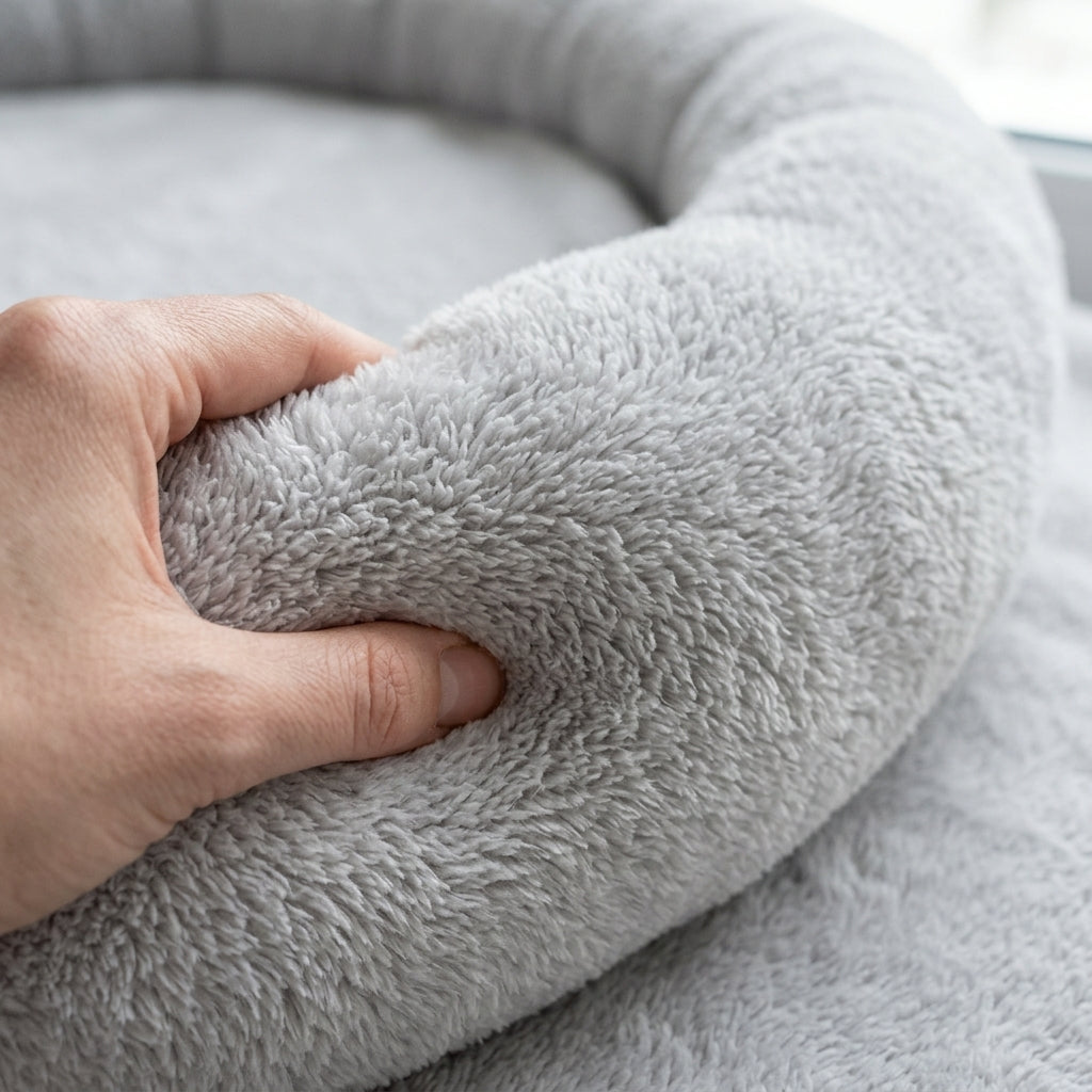 Close-up of the soft plush fabric texture on the Monio for Kids Light Grey Plush Padded Nest Playmat