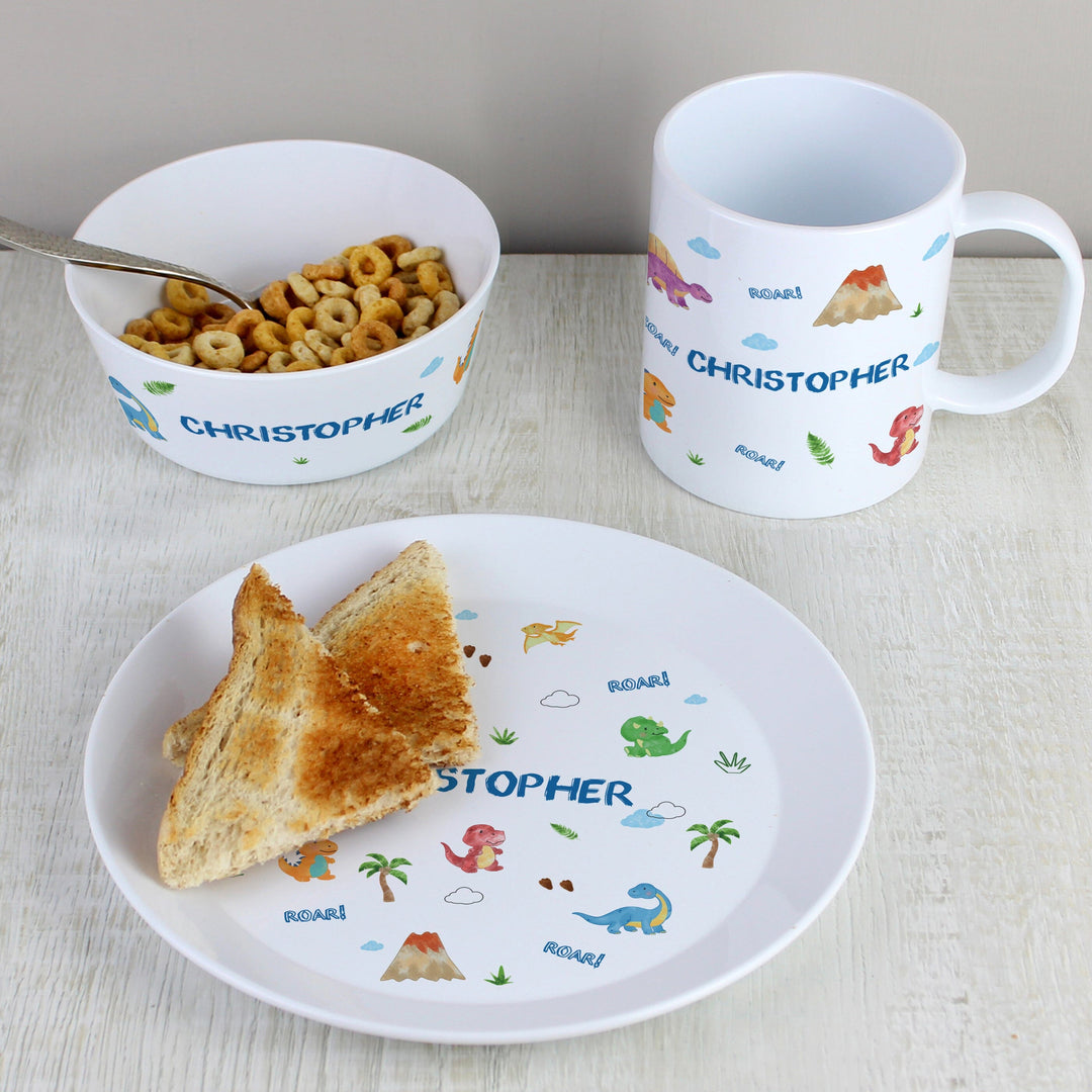 Personalised Dinosaur Plastic Breakfast Set Plates Mini Bee 
