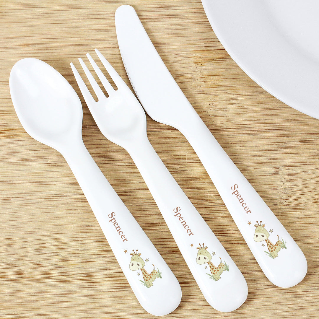Personalised Hessian Giraffe 3 Piece Plastic Cutlery Set Flatware Sets Mini Bee 