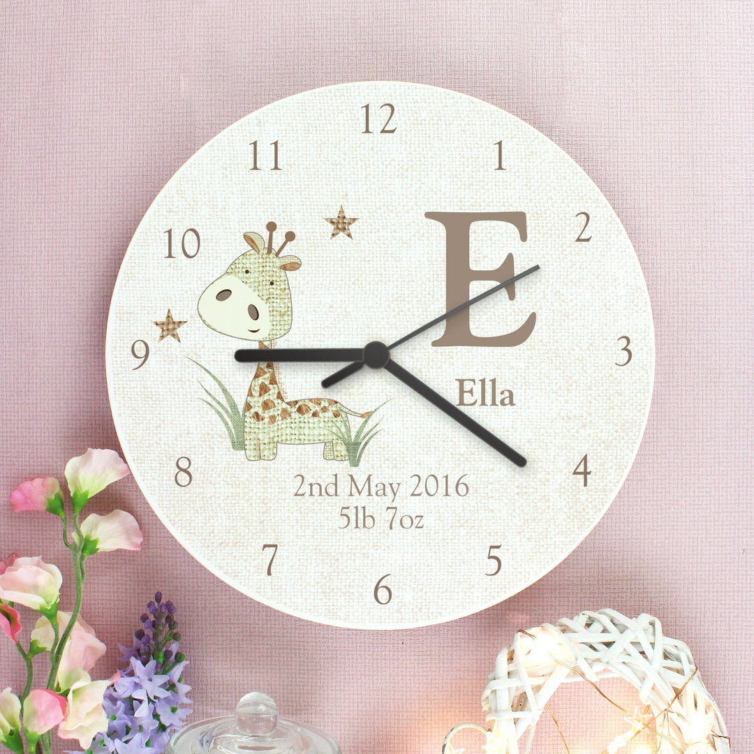Personalised Hessian Giraffe Shabby Chic Large Wooden Clock Wall Clocks Mini Bee 