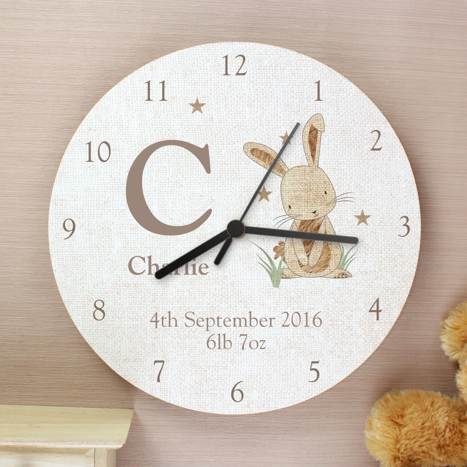 Personalised Hessian Rabbit Shabby Chic Large Wooden Clock Wall Clocks Mini Bee 
