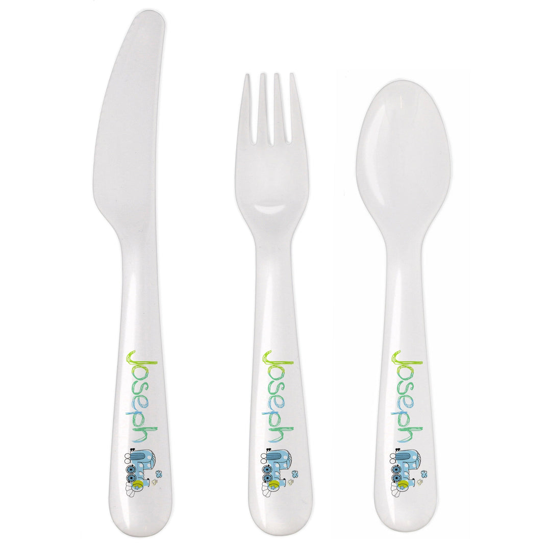 Personalised Patchwork Train 3 Piece Plastic Cutlery Set Flatware Sets Mini Bee 