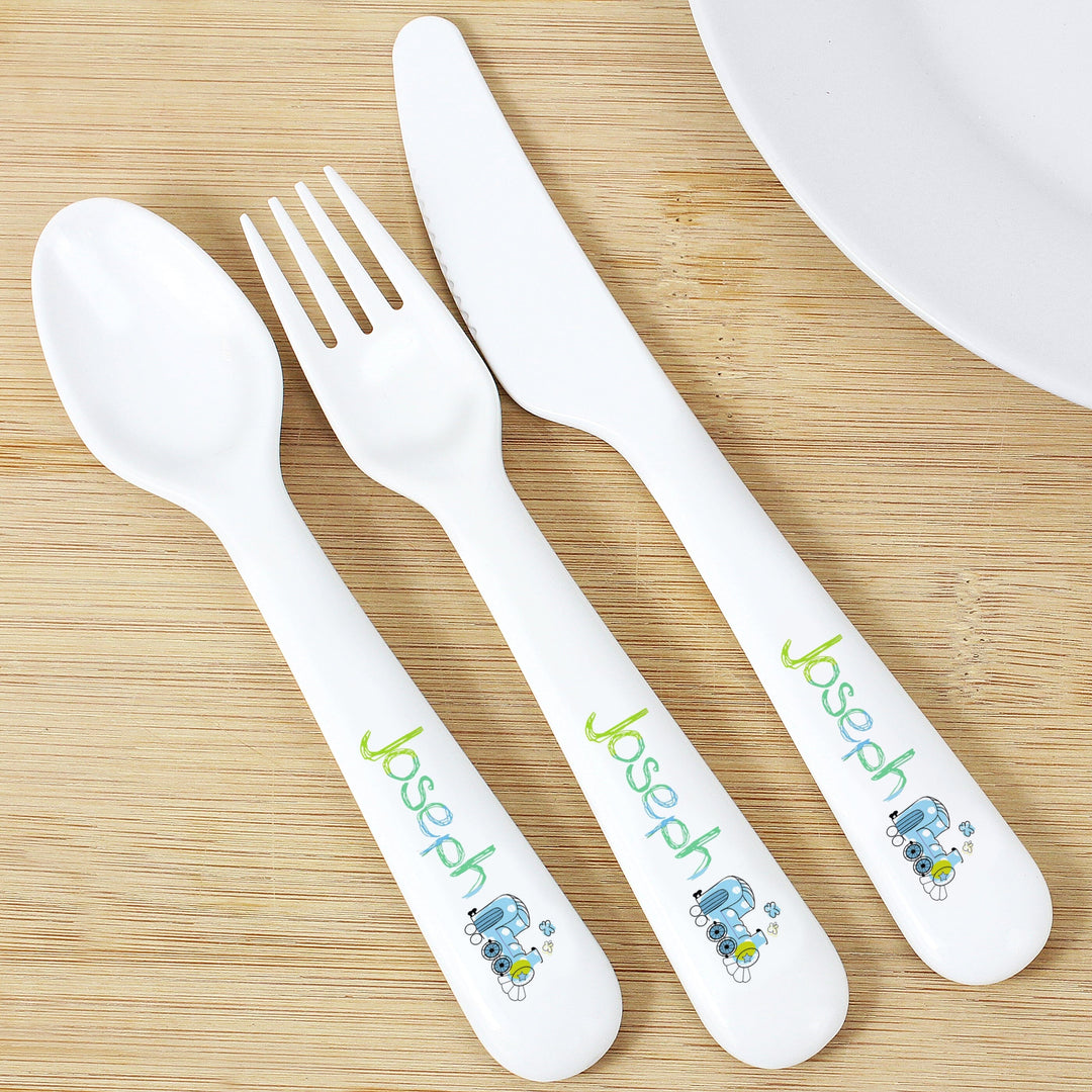 Personalised Patchwork Train 3 Piece Plastic Cutlery Set Flatware Sets Mini Bee 