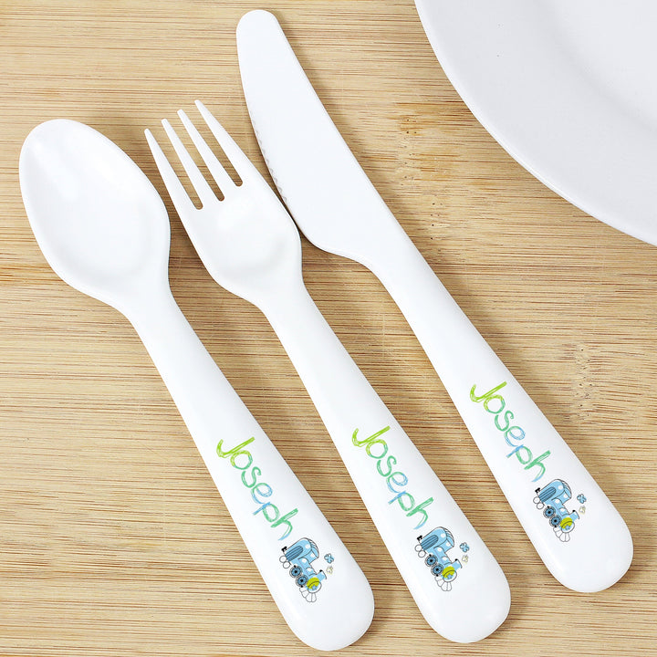 Personalised Patchwork Train 3 Piece Plastic Cutlery Set Flatware Sets Mini Bee 