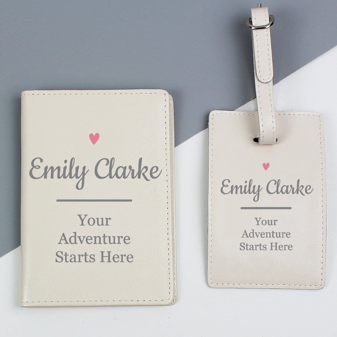 Personalised Pink Heart Cream Passport Holder &amp; Luggage Tag Set Luggage Tags Nestoro