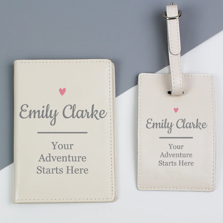 Personalised Pink Heart Cream Passport Holder &amp; Luggage Tag Set Luggage Tags Nestoro