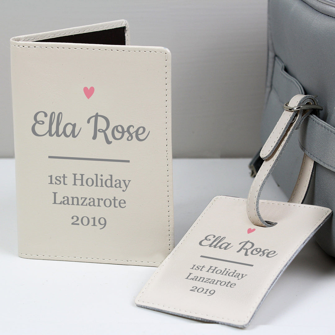 Personalised Pink Heart Cream Passport Holder &amp; Luggage Tag Set Luggage Tags Nestoro