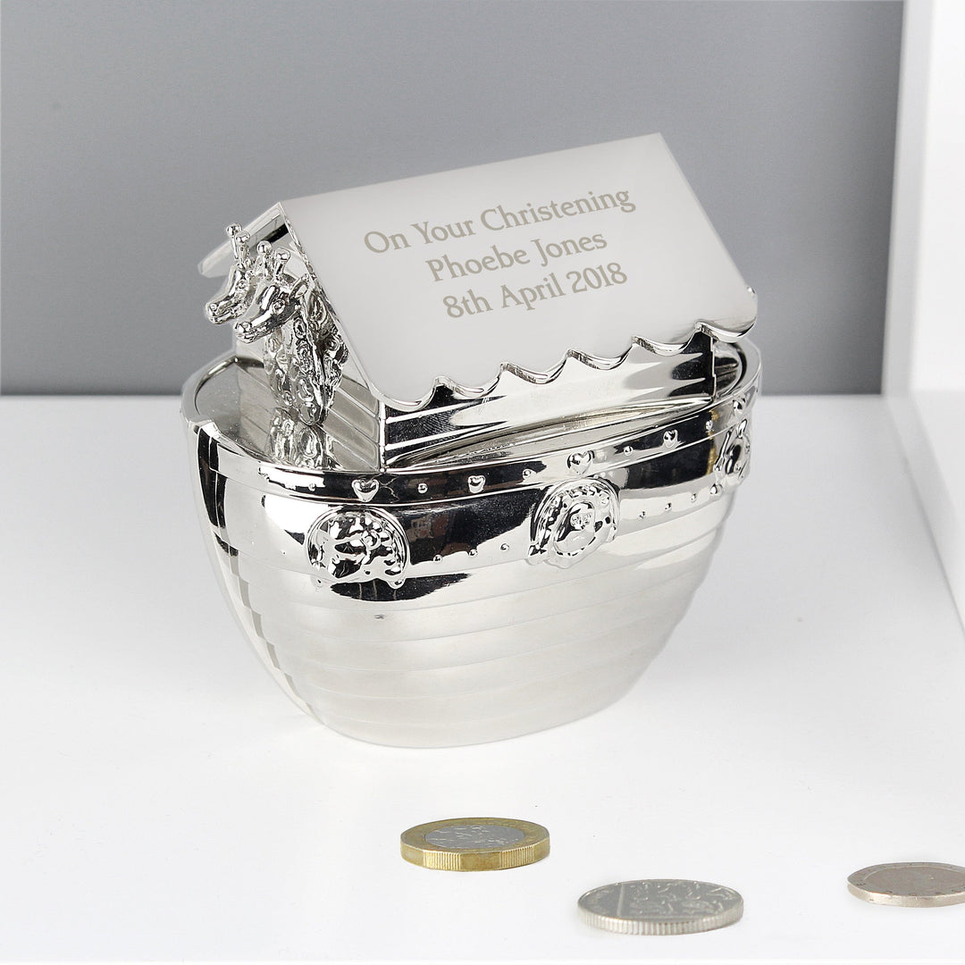 Personalised Silver Noahs Ark Money Box Piggy Banks & Money Jars Mini Bee 