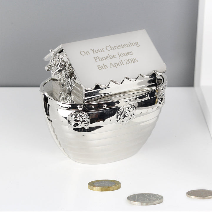 Personalised Silver Noahs Ark Money Box Piggy Banks & Money Jars Mini Bee 