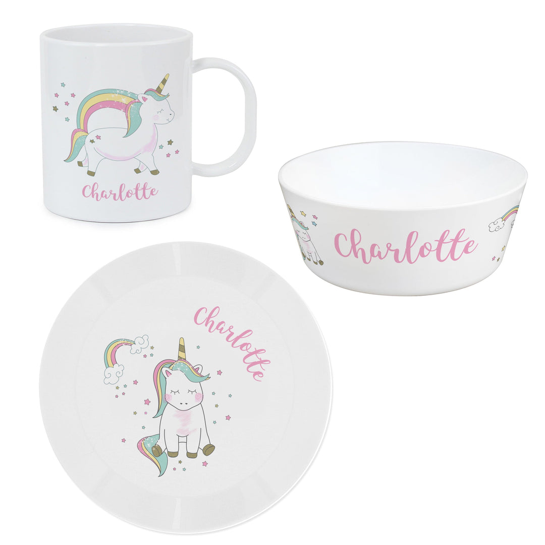 Personalised Unicorn Plastic Breakfast Set Plates Mini Bee 