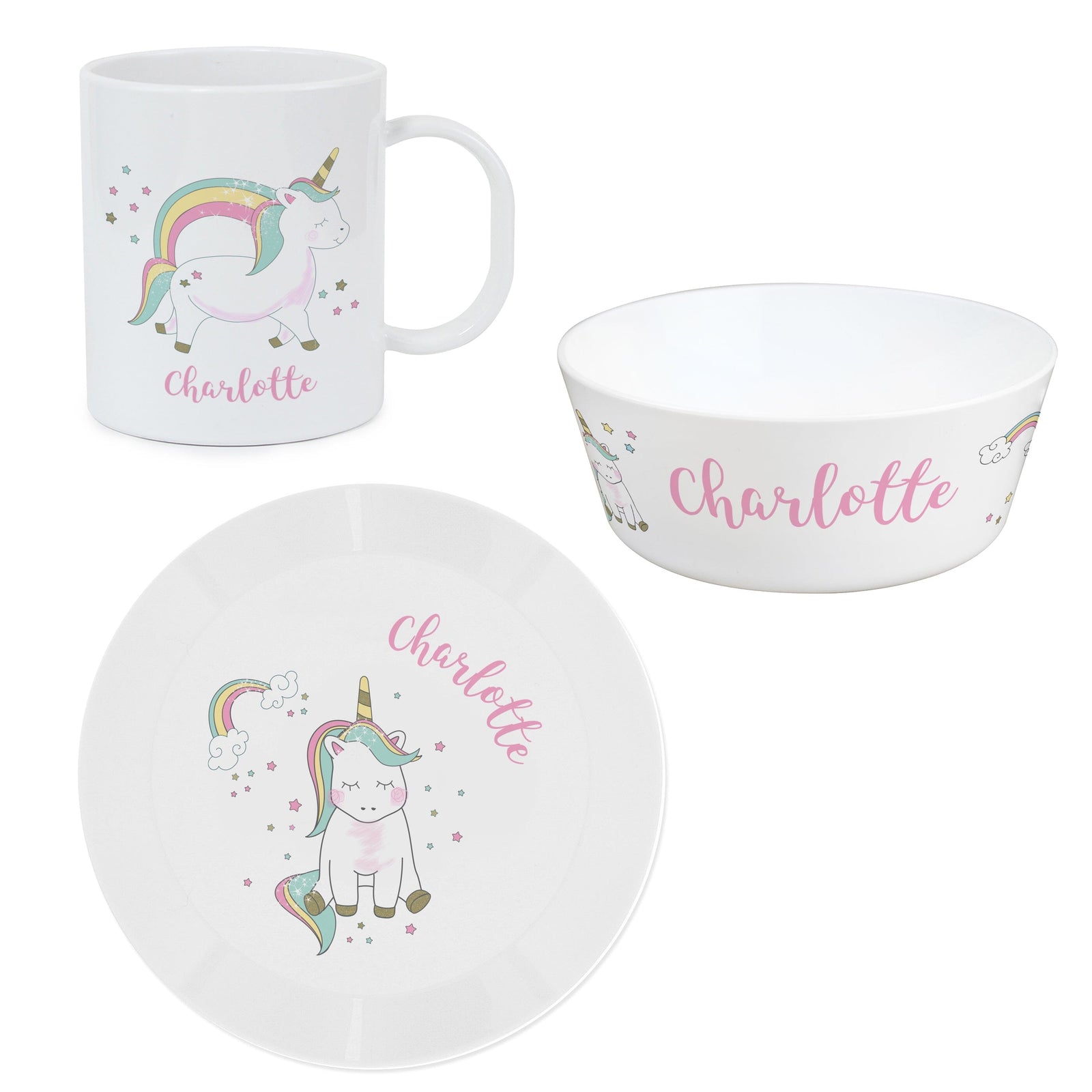 Personalised Unicorn Plastic Breakfast Set Plates Mini Bee 