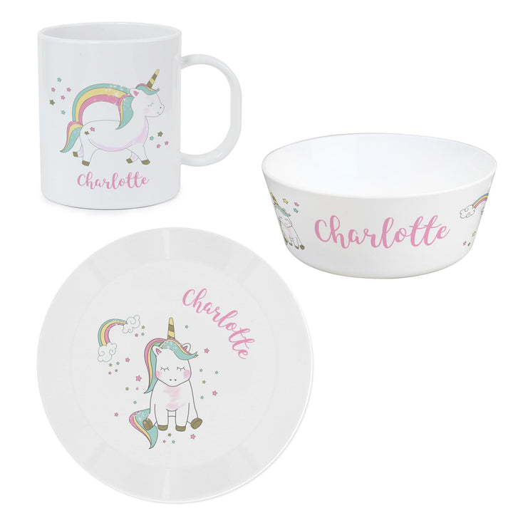 Personalised Unicorn Plastic Breakfast Set Plates Mini Bee 