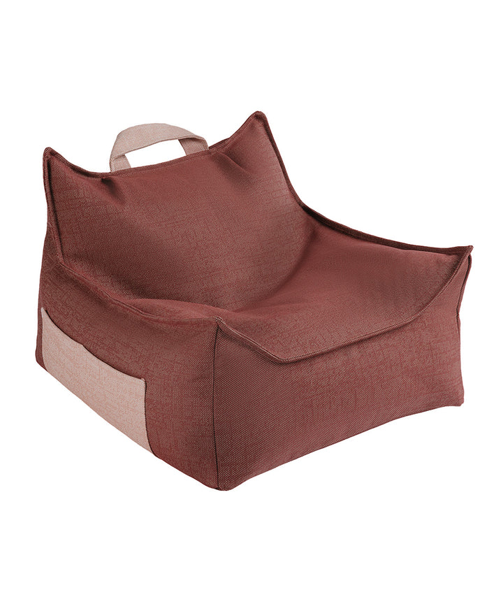 Burgundy and mauve bean bag chair with colour-block design, three-quarter view