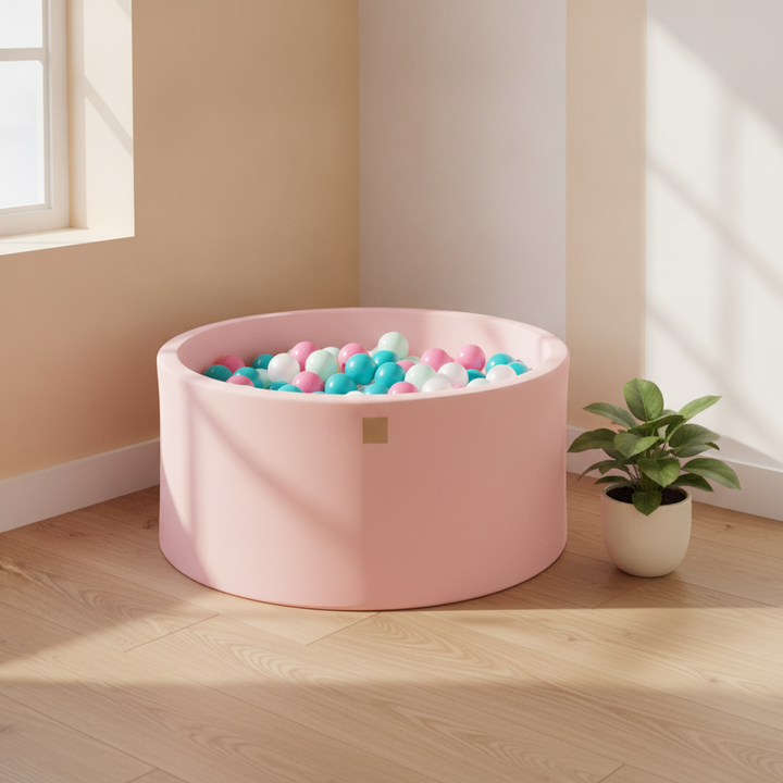 MeowBaby Powder Pink Round Cotton Ball Pit in a Scandi nursery corner