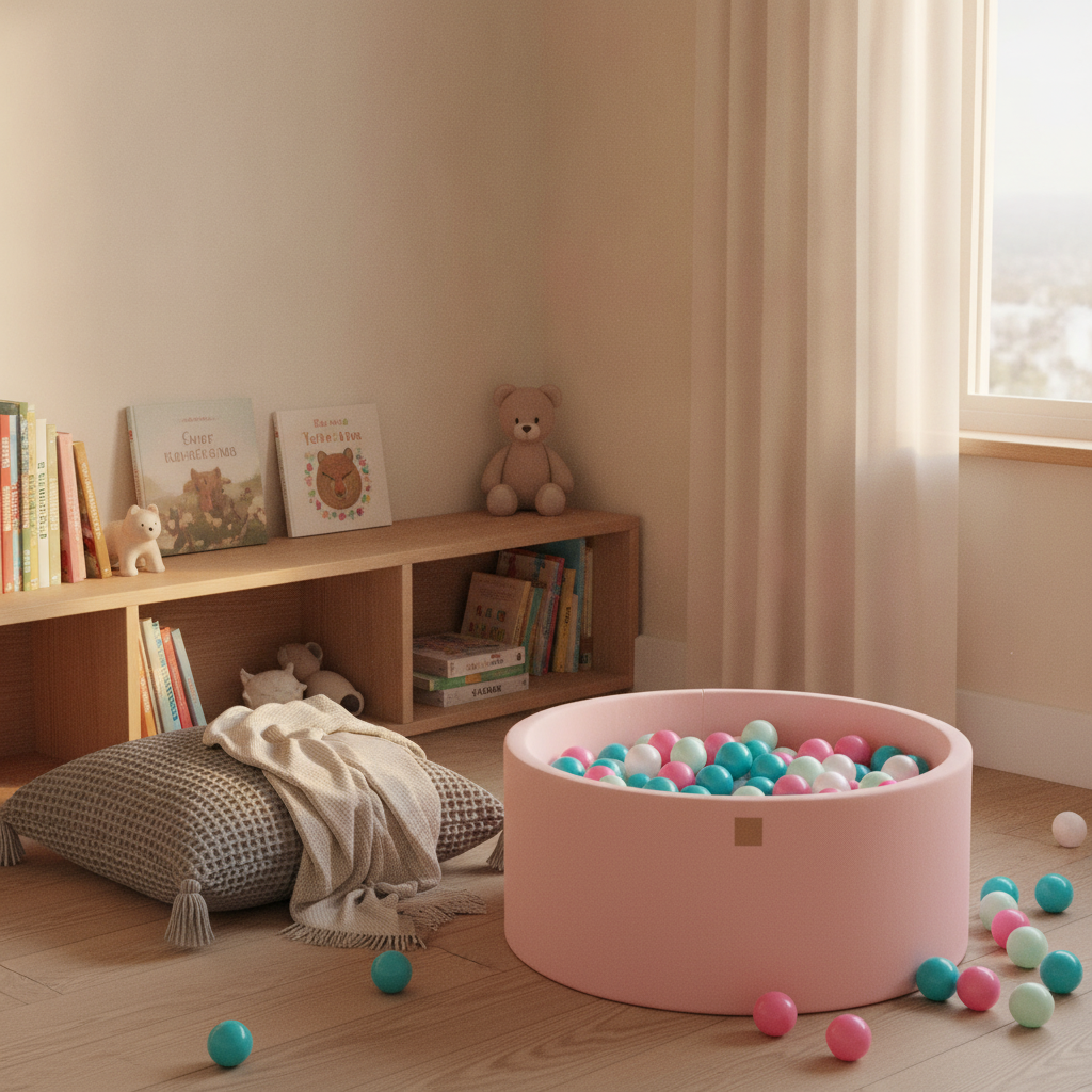 MeowBaby Powder Pink Ball Pit styled in a real home setting