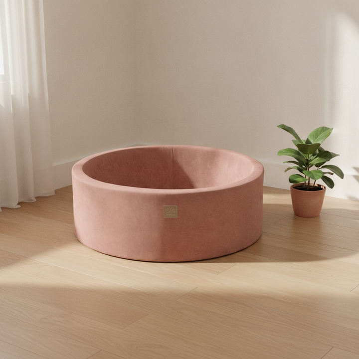MeowBaby Beige Round Velvet Ball Pit in a Scandi nursery corner