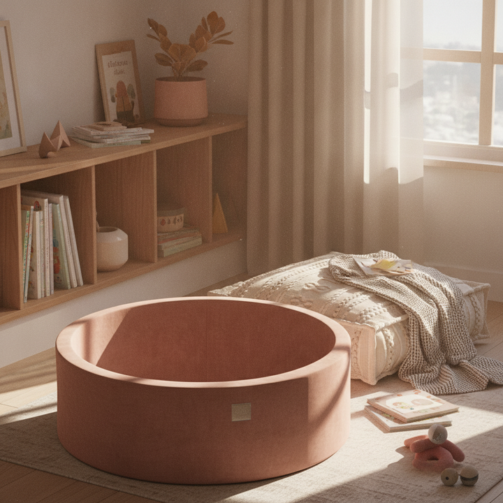 MeowBaby Beige Round Velvet Ball Pit in a cosy reading nook