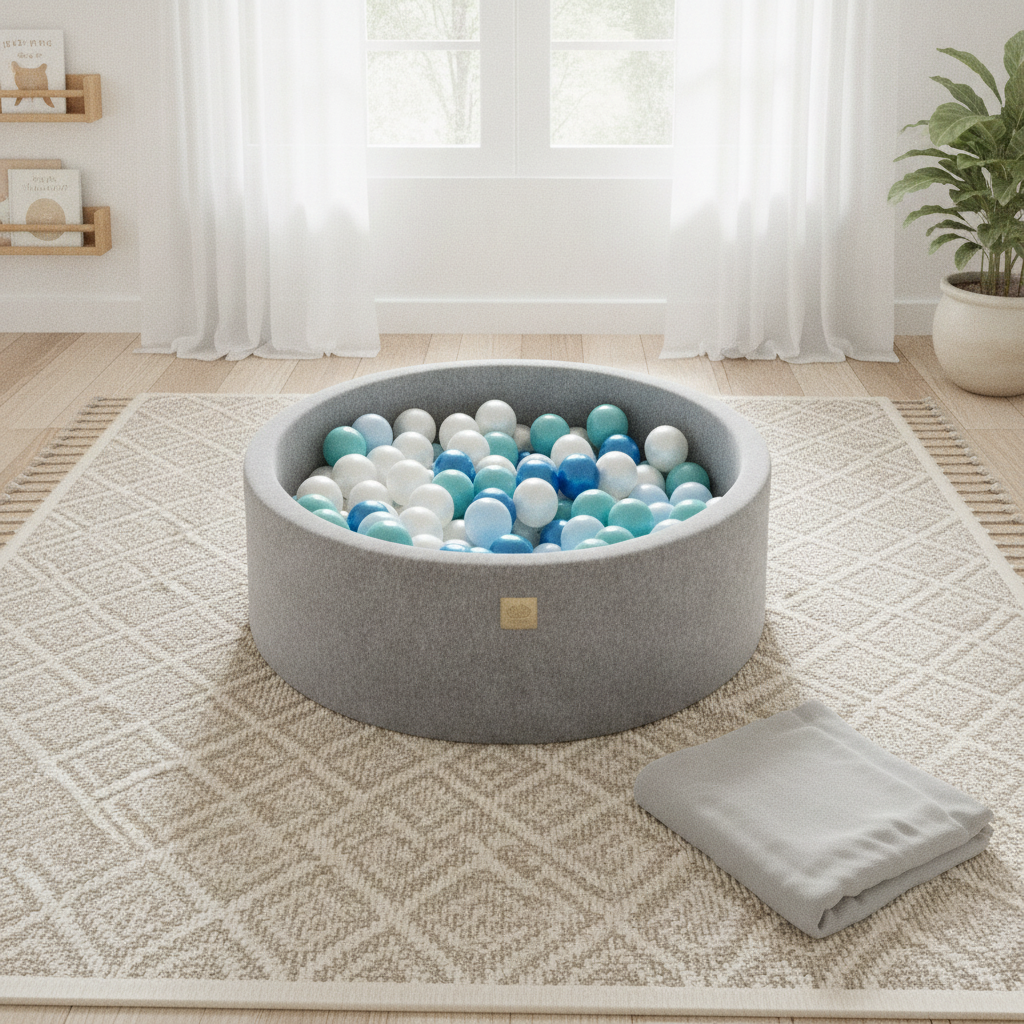 MeowBaby Light Grey Round Velvet Ball Pit on a rug in a bright playroom