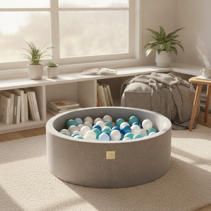 MeowBaby Light Grey Round Velvet Ball Pit in a cosy reading nook