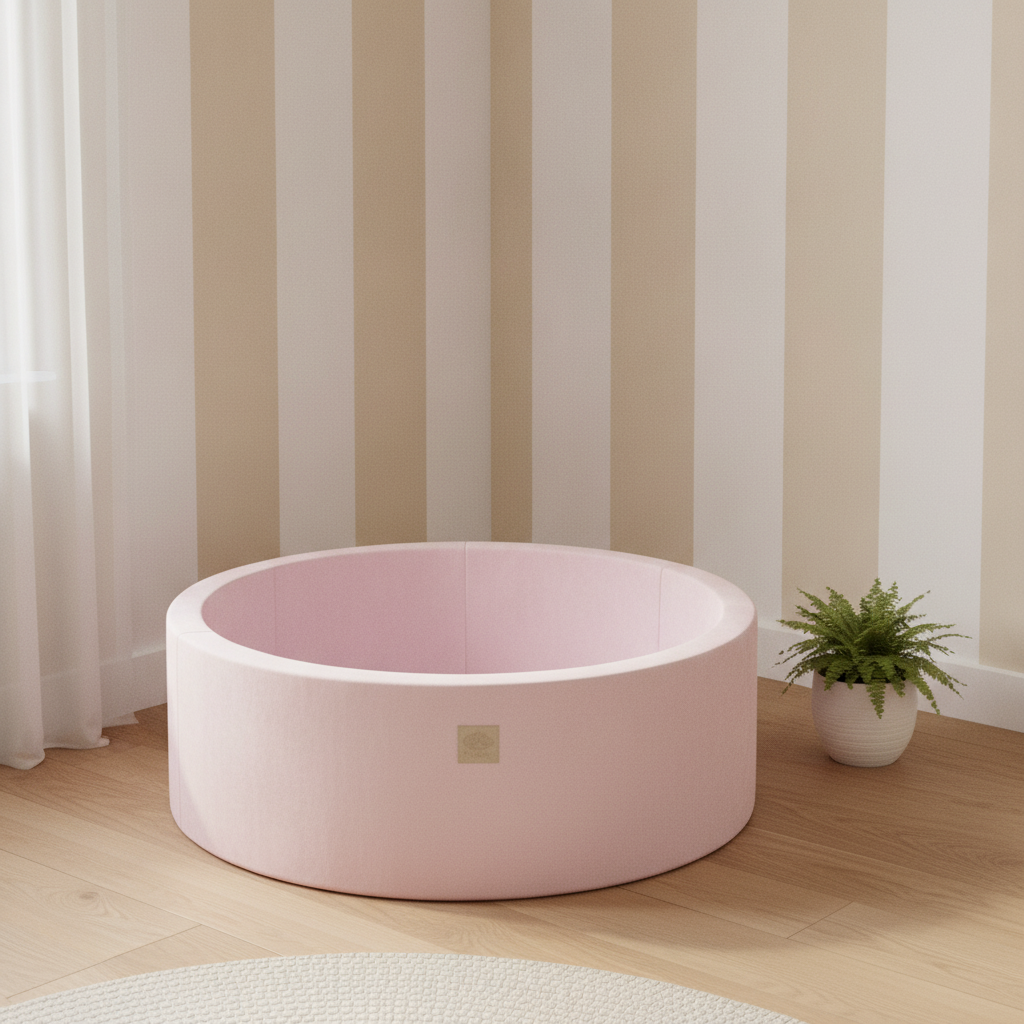 MeowBaby Powder Pink Ball Pit styled in a real home setting