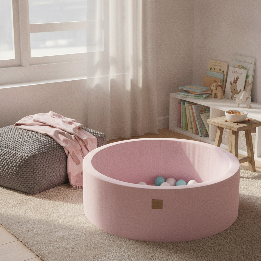 MeowBaby Powder Pink Ball Pit styled in a real home setting