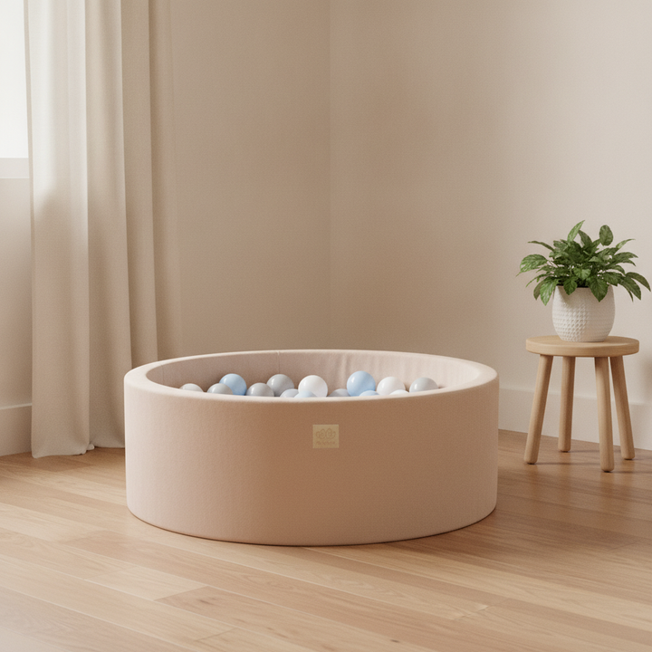 MeowBaby Ecru Round Velvet Ball Pit in a Scandi nursery corner
