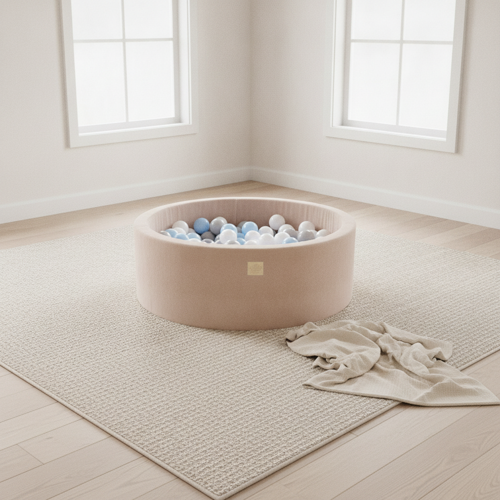 MeowBaby Ecru Ball Pit styled in a real home setting