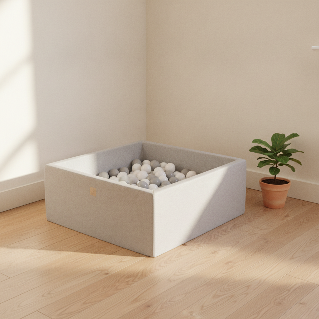 MeowBaby Light Grey Ball Pit styled in a real home setting