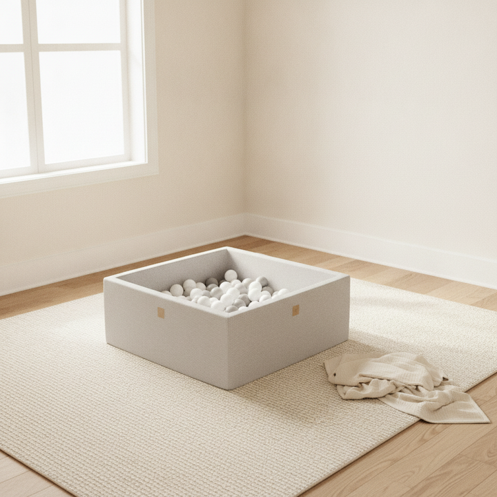 MeowBaby Light Grey Square Cotton Ball Pit on a rug in a bright playroom