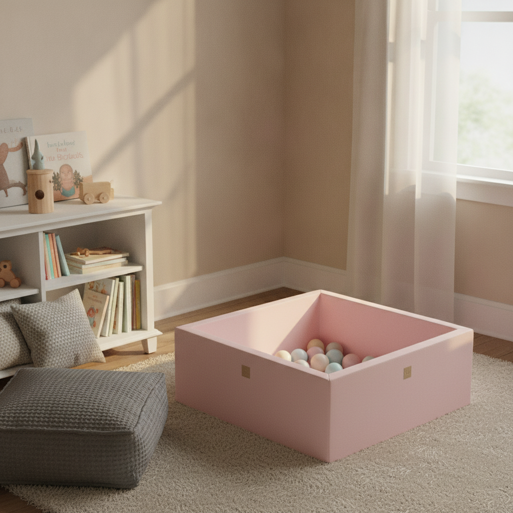 MeowBaby Powder Pink Square Cotton Ball Pit in a cosy reading nook