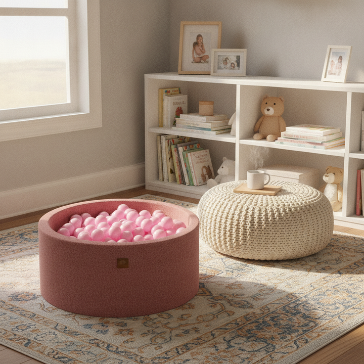 MeowBaby Boucle Pink Round Ball Pit in a cosy reading nook