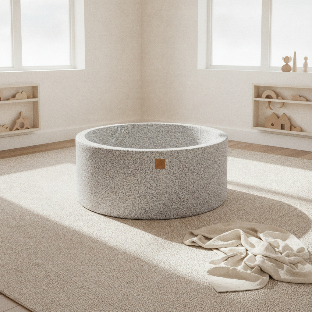 MeowBaby Boucle Marled Grey Ball Pit styled in a real home setting