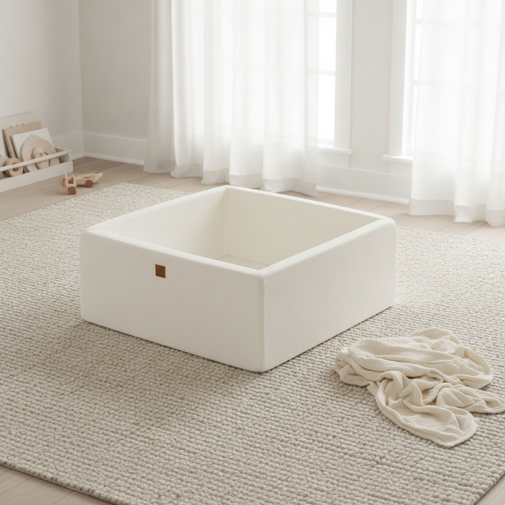 MeowBaby Boucle White Square Ball Pit on a rug in a bright playroom