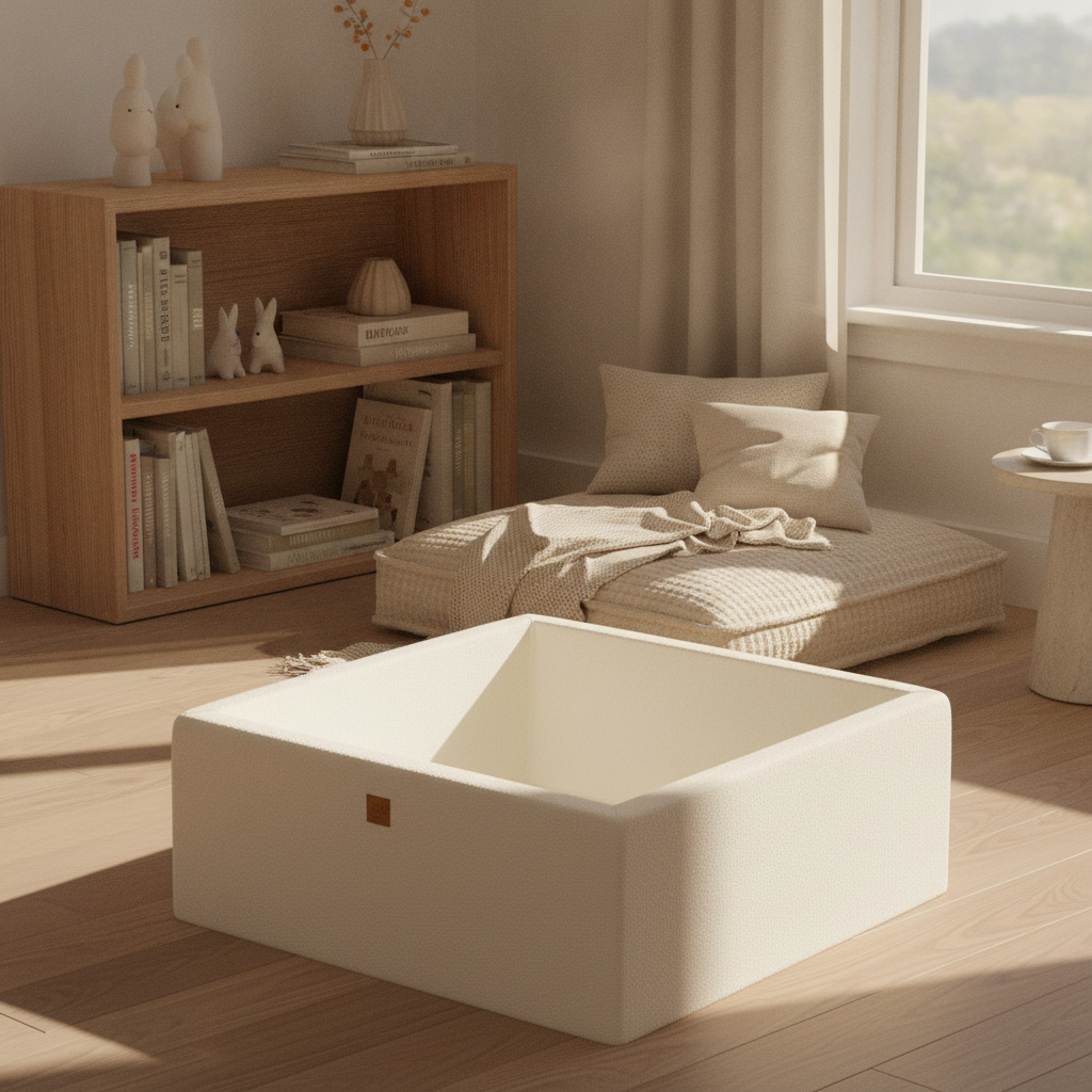 MeowBaby Boucle White Ball Pit styled in a real home setting