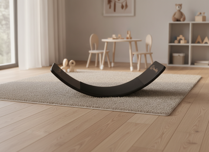 MeowBaby Wooden Balance Board resting on a playroom rug, lifestyle setting