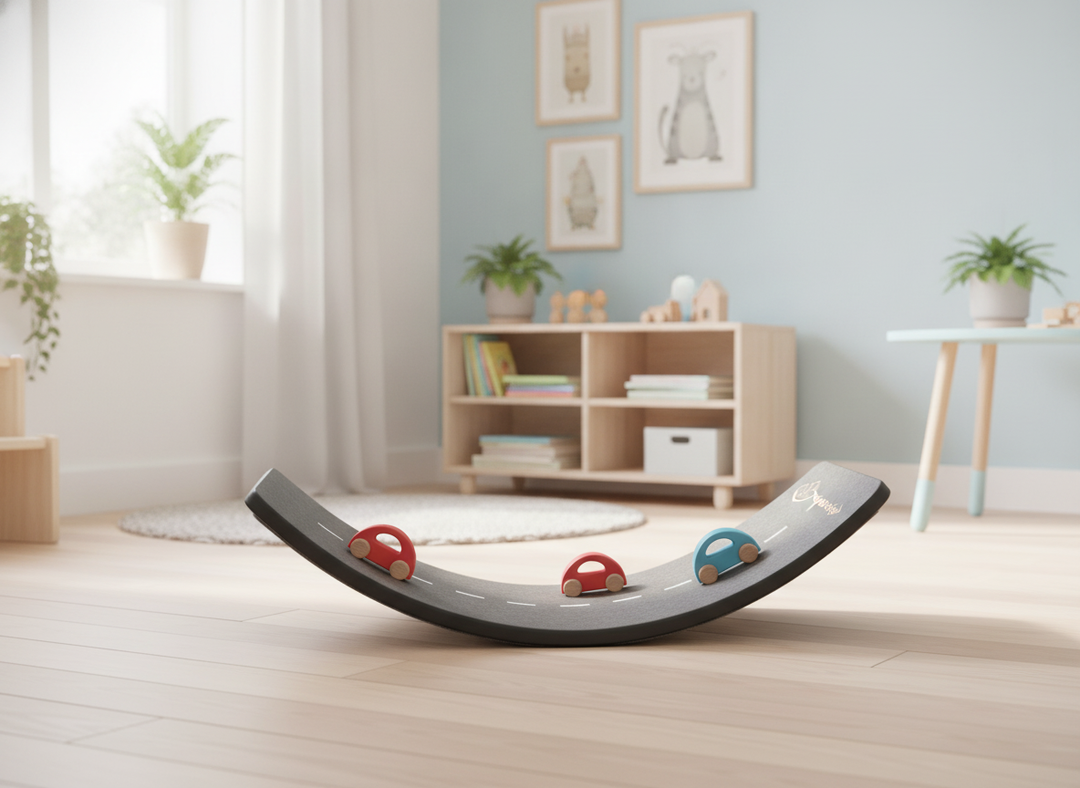 MeowBaby Wooden Balance Board with road-marked felt side up, toy cars parked on top
