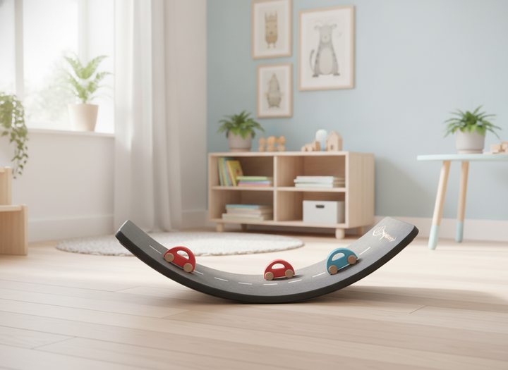MeowBaby Wooden Balance Board with road-marked felt side up, toy cars parked on top