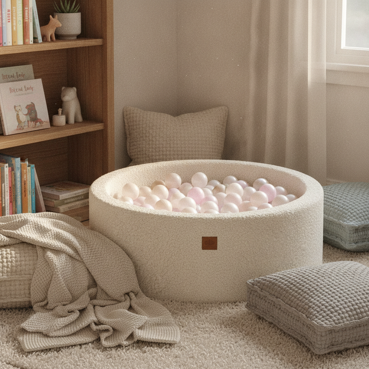 MeowBaby Creme Bearly round ball pit in a cosy reading nook