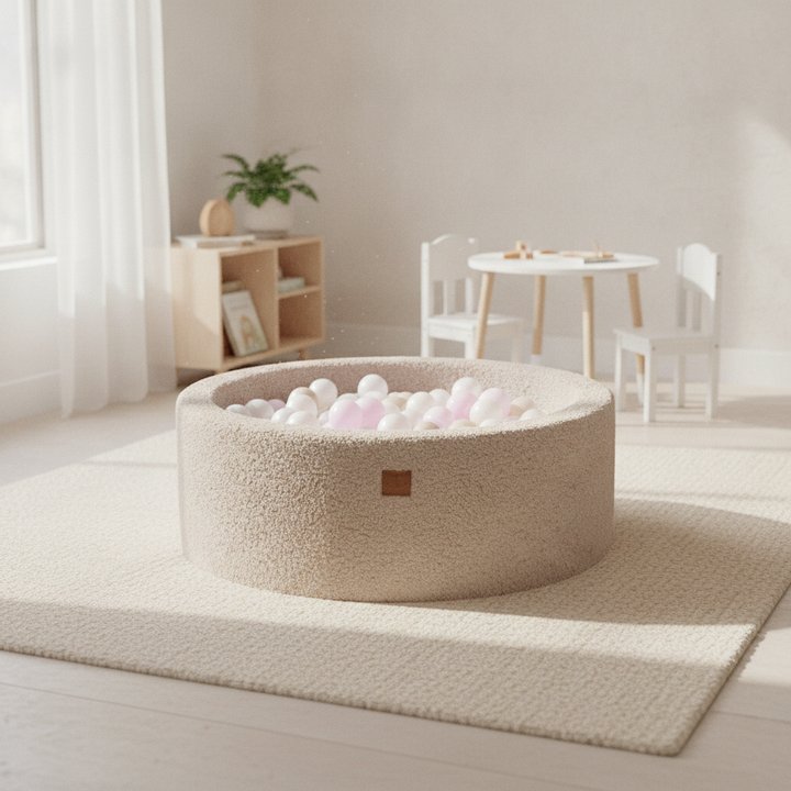 MeowBaby Light Grey Bearly round ball pit set on a rug in a bright playroom