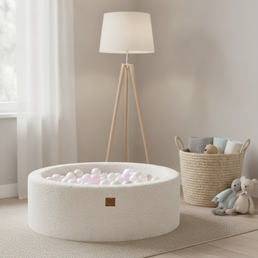 MeowBaby Off White Bearly round ball pit in a bright pale nursery corner