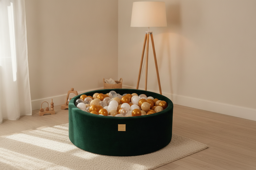 MeowBaby Dark Green Round Velvet Ball Pit in a Scandi nursery corner