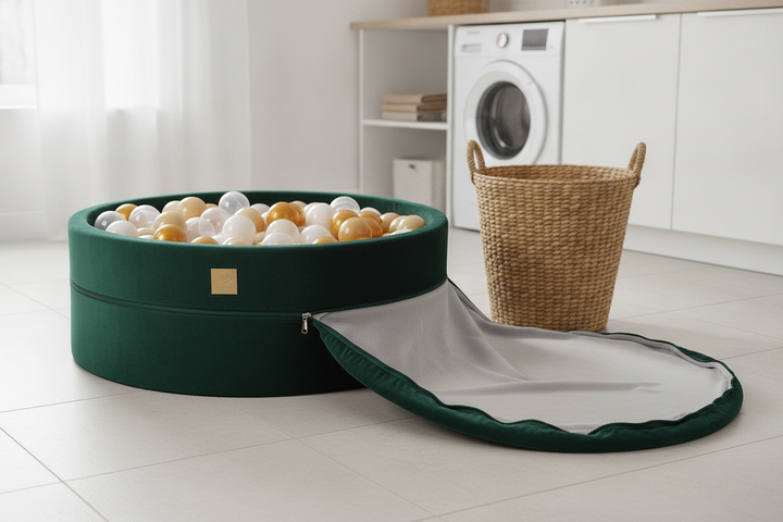 MeowBaby Dark Green Round Velvet Ball Pit with cover partially unzipped, showing washable design