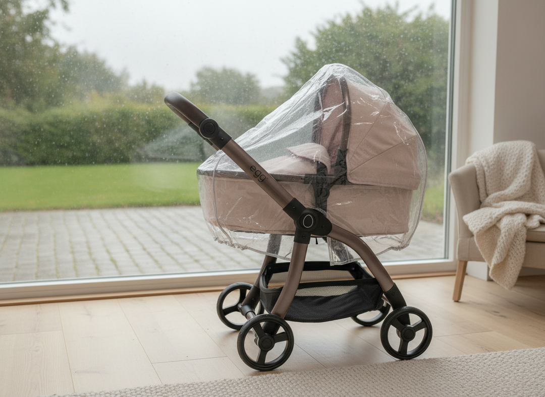 Roma Egg® Dolls Pram Rain Cover fitted over a toy dolls pram, lifestyle scene shown on a rainy day near a window