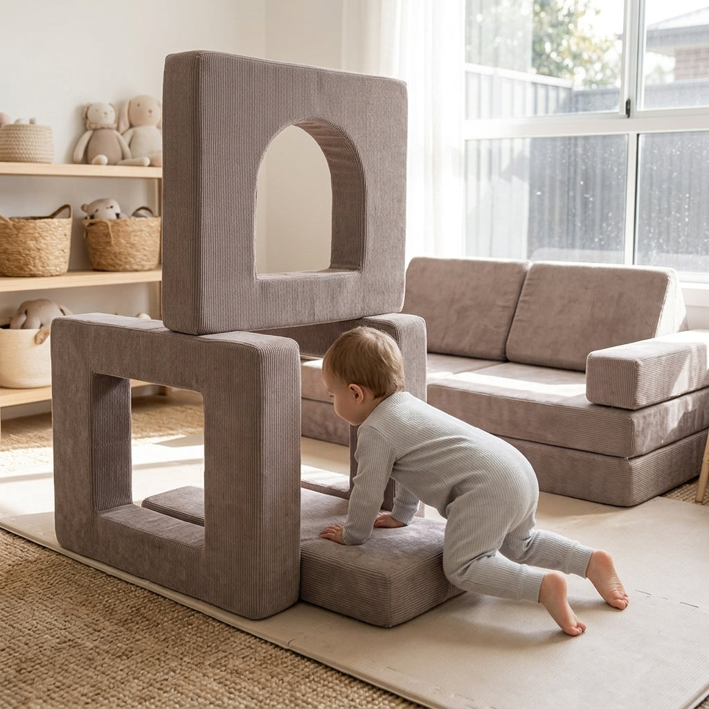 Toddler climbing on the MeowBaby Slimcord Play Arch modules stacked in front of the matching taupe sofa