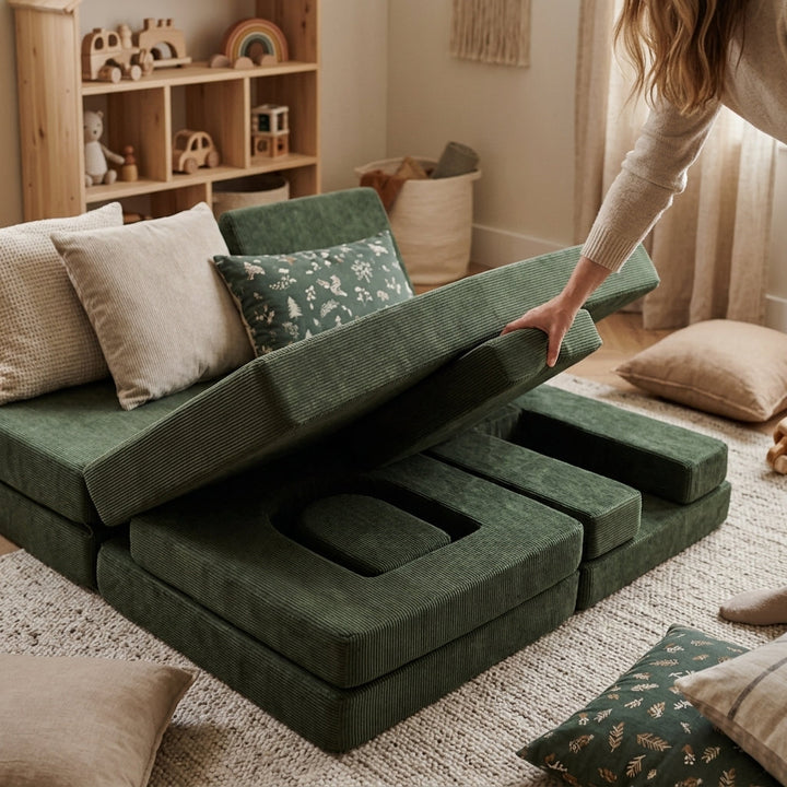 MeowBaby Slimcord Play Arch modules stored neatly underneath the matching sofa base cushions