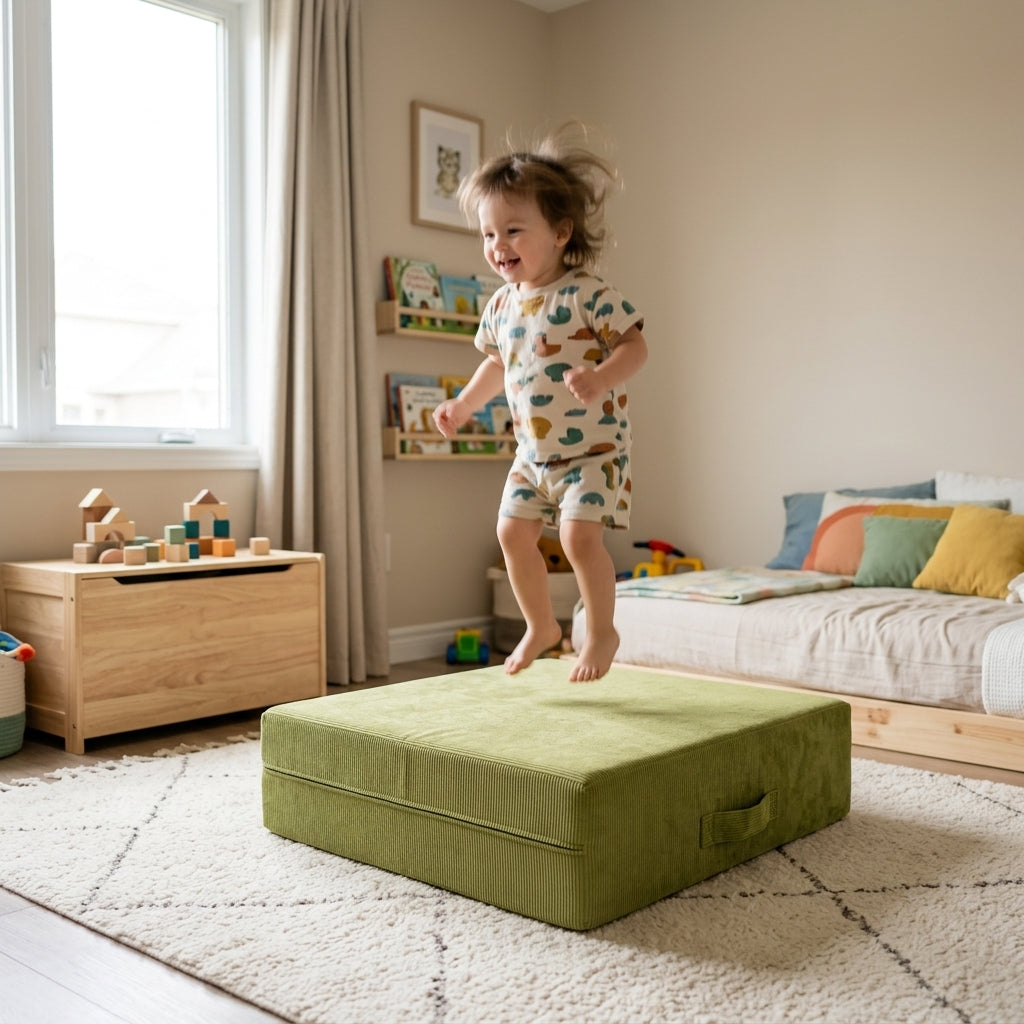 Toddler bouncing on the MeowBaby Slimcord Foam Trampoline in a bedroom setting