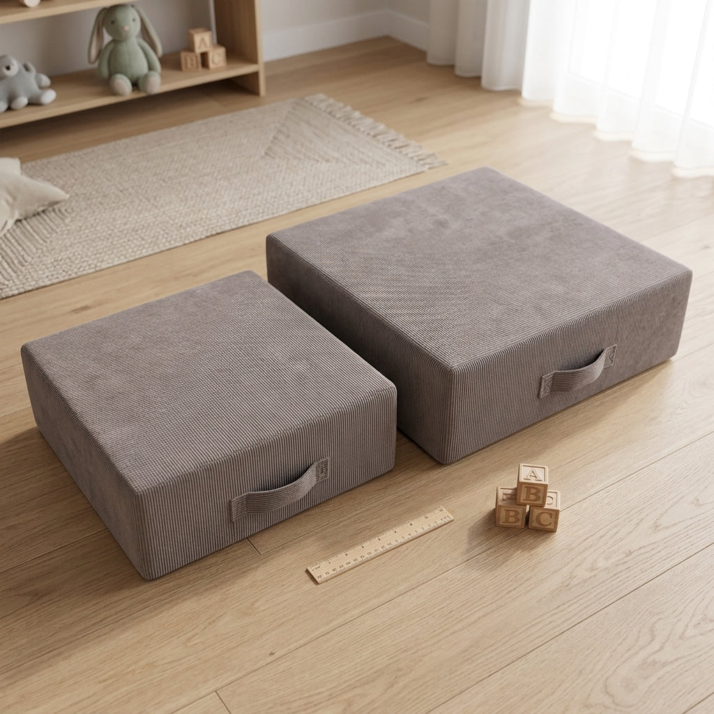 Two sizes of the MeowBaby Slimcord Foam Trampoline shown side by side, 60x60cm and 80x80cm