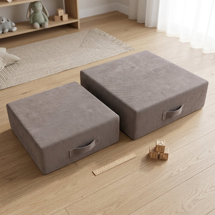 Two sizes of the MeowBaby Slimcord Foam Trampoline shown side by side, 60x60cm and 80x80cm