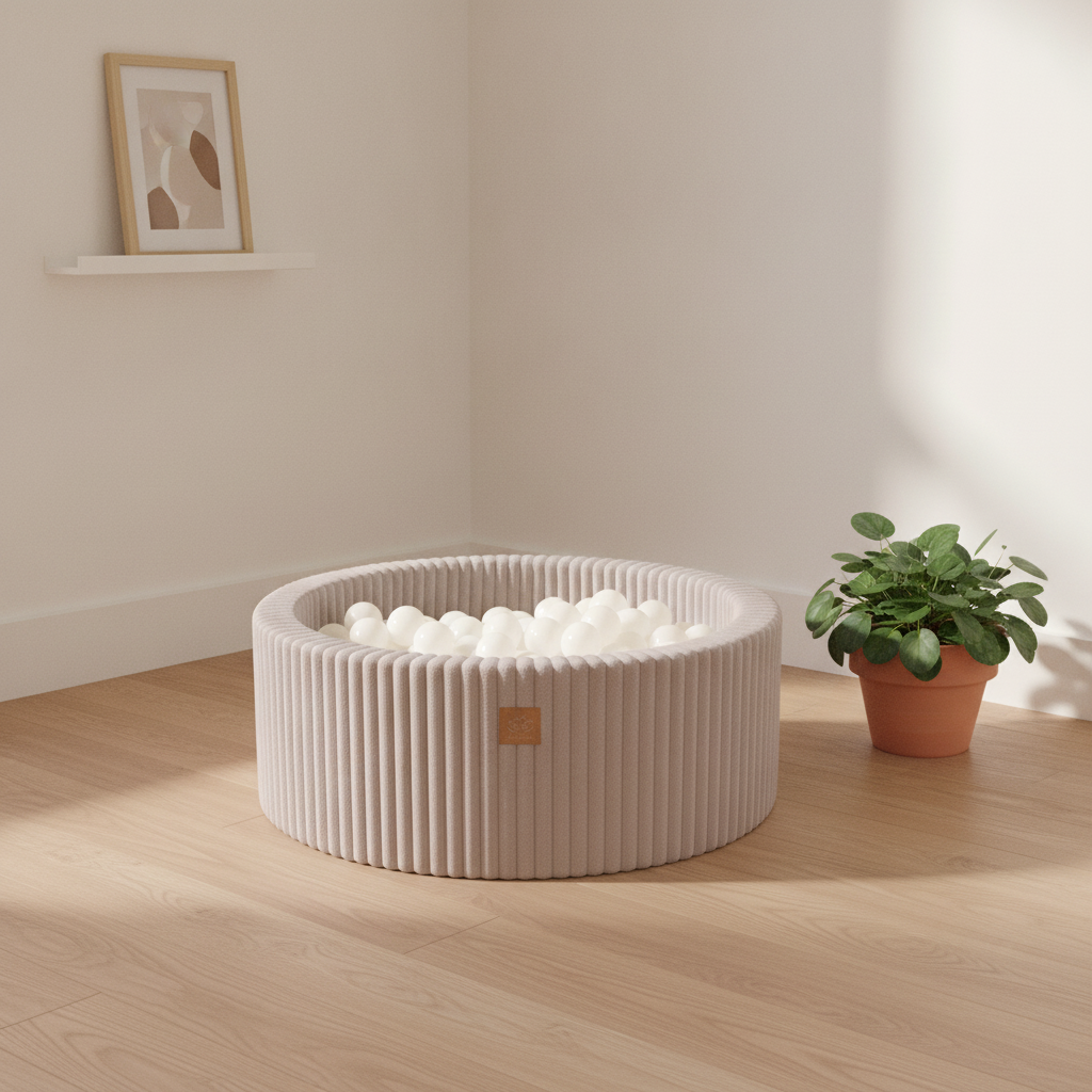 MeowBaby Pebble Beige Churros round ball pit styled in a real home setting