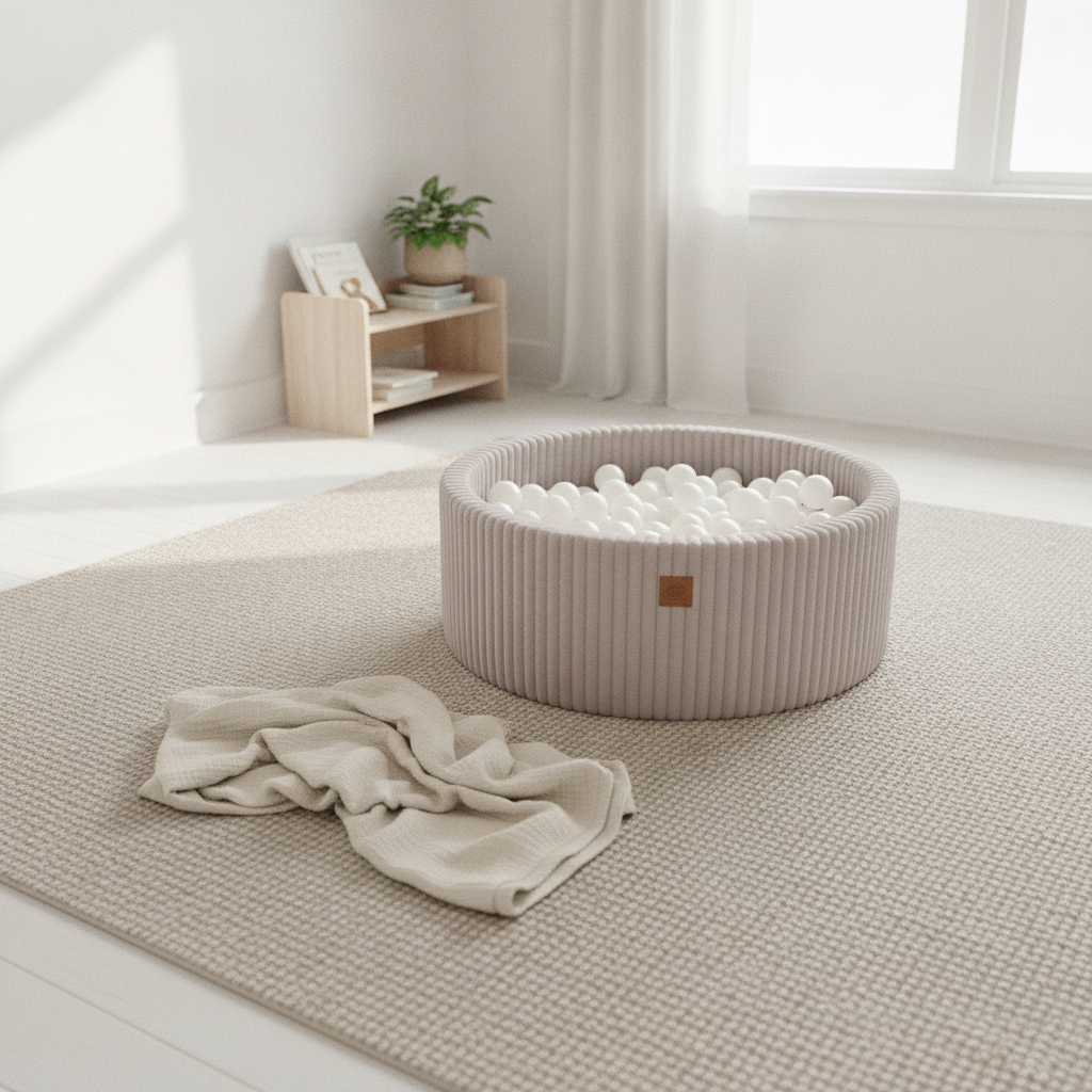 MeowBaby Pebble Beige Churros round ball pit styled in a real home setting